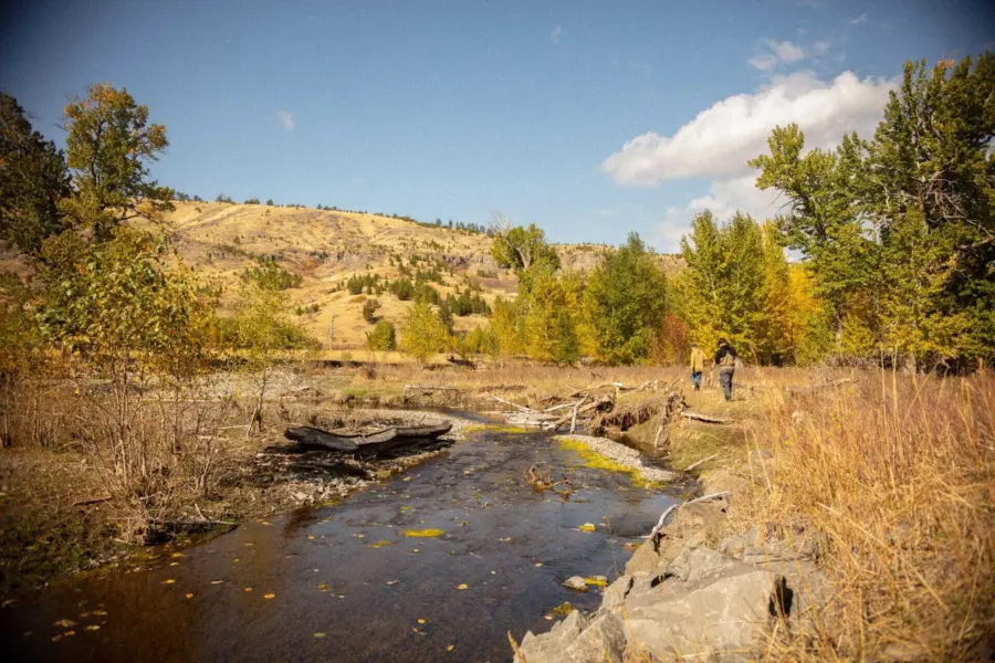 A small stream winds through a grassy, rocky landscape with autumn trees. Two people walk along the bank under a bright, partly cloudy sky with rolling hills in the background.