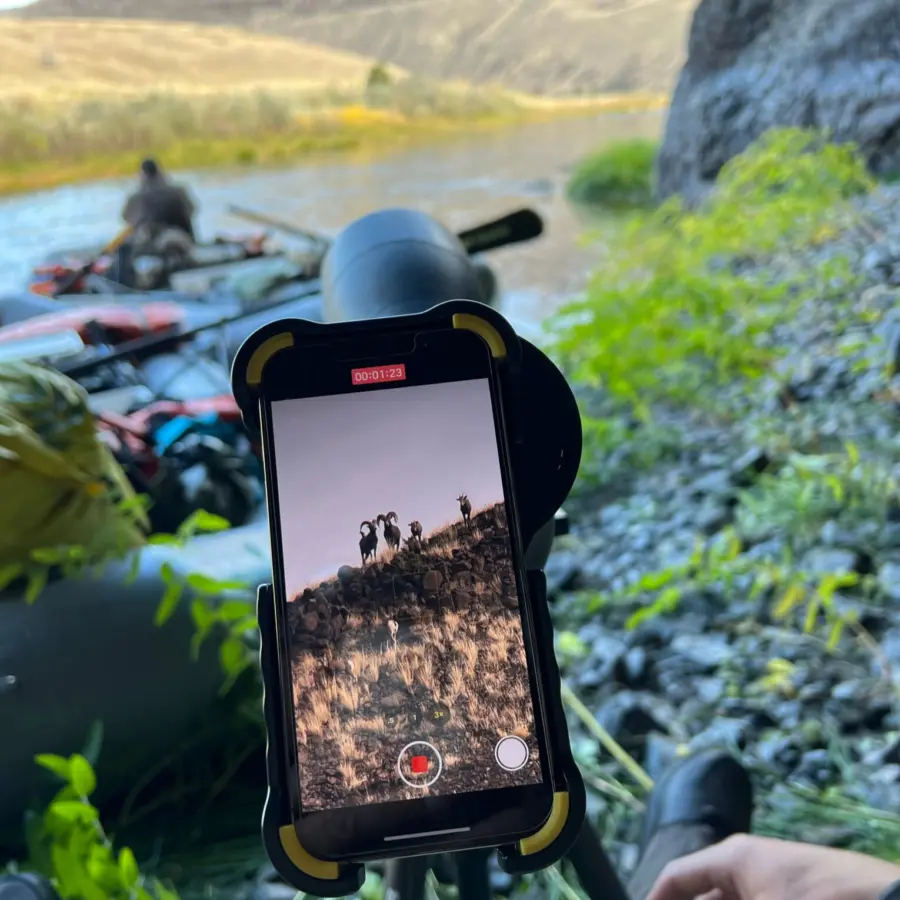 A smartphone attached to a spotting scope displays a close-up video of wild animals on a hillside. In the background, a river, inflatable rafts, and a person sitting by the water are visible.