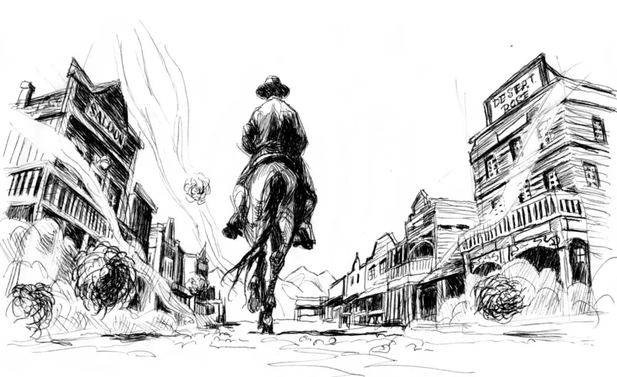 A sketch of a cowboy on horseback riding through a deserted, old Western town with wooden buildings and storefronts on both sides of a dusty street.