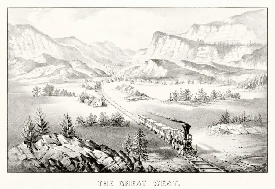 A vintage illustration depicts a steam locomotive pulling train cars through a rural western landscape, with mountains, scattered trees, and small buildings in the distance. The caption reads, THE GREAT WEST.