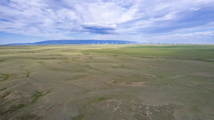 A wide open plain with patches of green grass under a partly cloudy sky. Wind turbines are lined up in the distance, near the base of a low mountain range on the horizon.