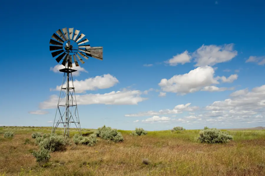 A metal windmill stands in an open grassy field under a bright blue sky with scattered white clouds. Shrubs and wildflowers dot the landscape, creating a peaceful rural scene.