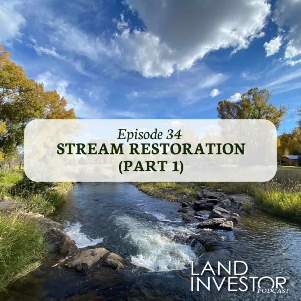 A clear stream flows through a grassy area with trees under a partly cloudy sky. Text overlay reads: Episode 34 STREAM RESTORATION (PART 1) LAND INVESTOR PODCAST.